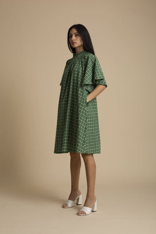 Kanelle-Green Checkard Dress With Belt-INDIASPOPUP.COM