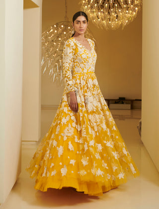 Varun Bahl-Yellow Circular Embroidered Gown-INDIASPOPUP.COM