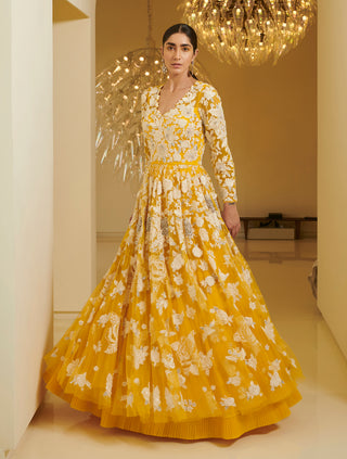 Varun Bahl-Yellow Circular Embroidered Gown-INDIASPOPUP.COM