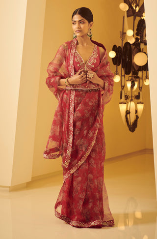 Varun Bahl-Fuchia Pink Embroidered Saree With Belt-INDIASPOPUP.COM