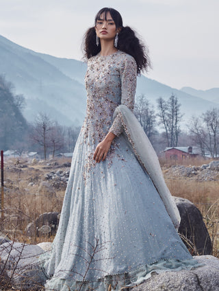 Dolly J-Wewak Blue Chiffon Kurta Lehenga Set-INDIASPOPUP.COM