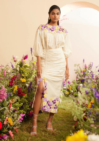 Chandrima-Ivory Pansy Gathered Skirt-INDIASPOPUP.COM