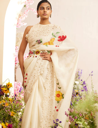 Chandrima-Ivory Applique & Cutwork Sari With Unstitched Blouse-INDIASPOPUP.COM