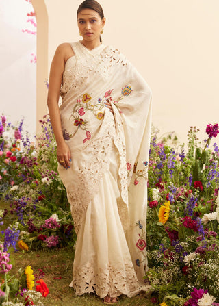 Chandrima-Ivory Embroidered Cutwork Sari With Unstitched Blouse-INDIASPOPUP.COM