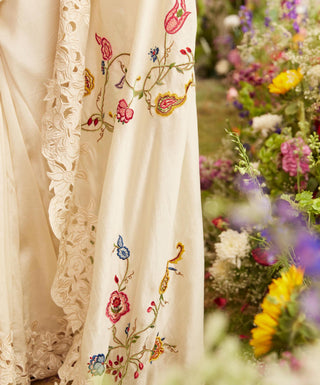 Chandrima-Ivory Embroidered Cutwork Sari With Unstitched Blouse-INDIASPOPUP.COM