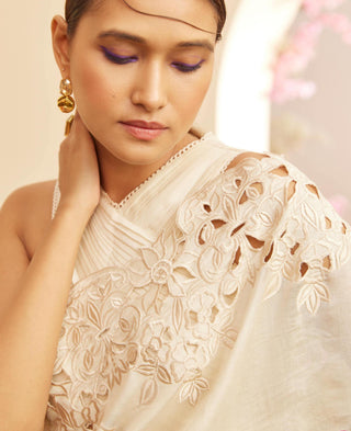 Chandrima-Ivory Embroidered Cutwork Sari With Unstitched Blouse-INDIASPOPUP.COM