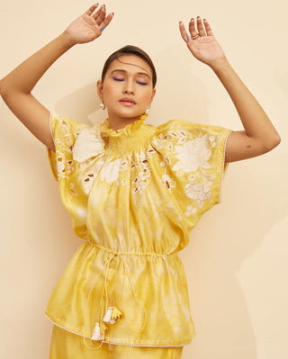 Chandrima-Yellow Contrast Embroidered Smocked Top-INDIASPOPUP.COM