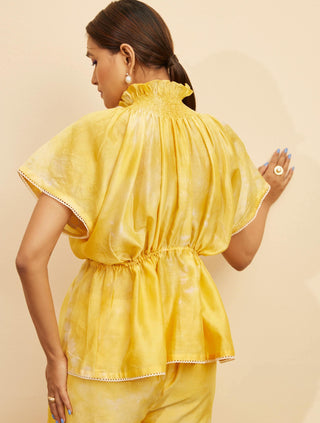 Chandrima-Yellow Contrast Embroidered Smocked Top-INDIASPOPUP.COM