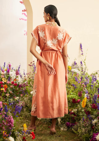 Chandrima-Apricot Contrast Embroidered Shirt Dress-INDIASPOPUP.COM