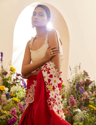 Chandrima-Red Organza Applique Sari With Unstitched Blouse-INDIASPOPUP.COM