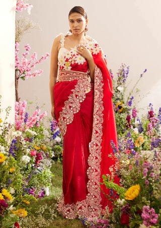 Chandrima-Red Organza Applique Sari With Unstitched Blouse-INDIASPOPUP.COM
