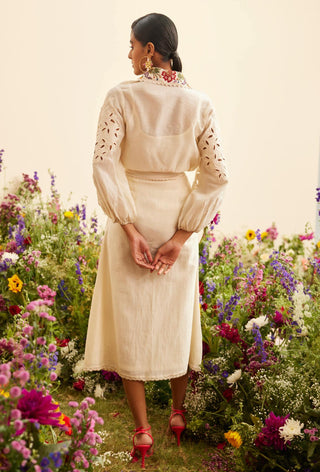 Chandrima-Ivory Buttondown Embroidered Skirt-INDIASPOPUP.COM