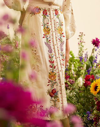 Chandrima-Ivory Buttondown Embroidered Skirt-INDIASPOPUP.COM