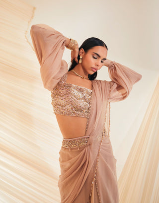 Divya Aggarwal-Chloe Beige Pre-Draped Sari Set-INDIASPOPUP.COM