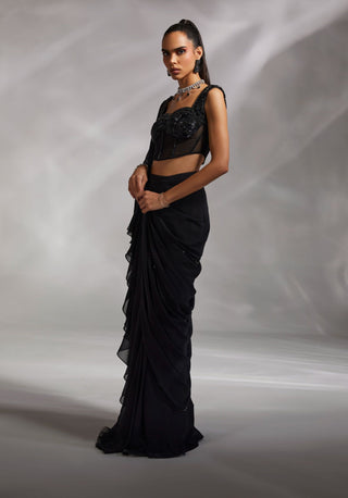 Divya Aggarwal-Hertha Black Pre-Draped Sari With Corset-INDIASPOPUP.COM