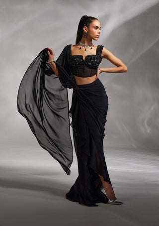 Divya Aggarwal-Hertha Black Pre-Draped Sari With Corset-INDIASPOPUP.COM