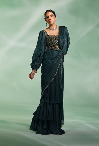 Divya Aggarwal-Chloe Dark Green Draped Sari Set-INDIASPOPUP.COM
