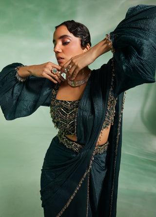 Divya Aggarwal-Chloe Dark Green Draped Sari Set-INDIASPOPUP.COM