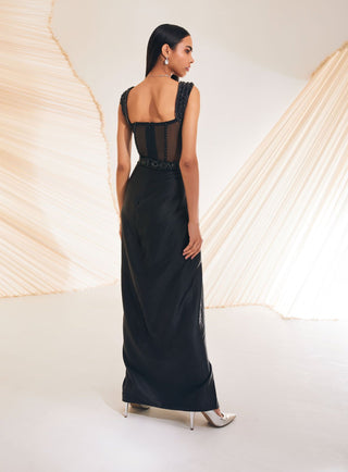 Divya Aggarwal-Hertha Black Embellished Corset Drape Dress-INDIASPOPUP.COM