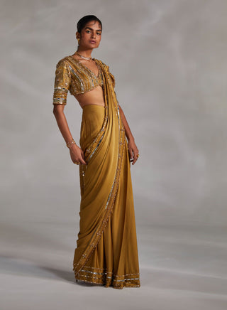 Divya Aggarwal-Lumen Ecru Olive Pre-Draped Sari With Blouse-INDIASPOPUP.COM