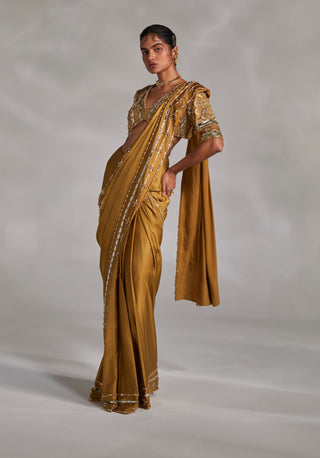 Divya Aggarwal-Lumen Ecru Olive Pre-Draped Sari With Blouse-INDIASPOPUP.COM