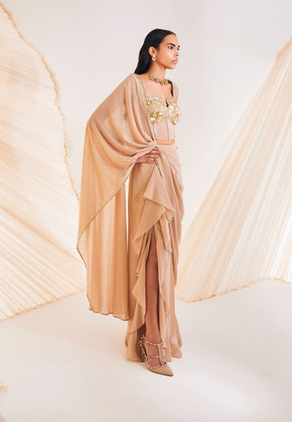 Divya Aggarwal-Hertha Beige Pre-Draped Sari With Corset-INDIASPOPUP.COM