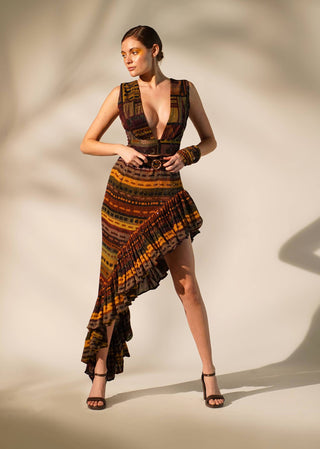 Nikita Mhaisalkar-Multicolour Stripe Print Ruffle Skirt-INDIASPOPUP.COM