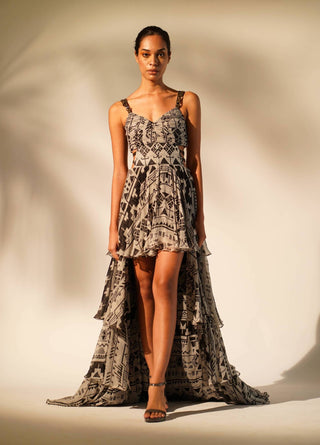 Nikita Mhaisalkar-White Base Aztec Print Tiered Maxi-INDIASPOPUP.COM