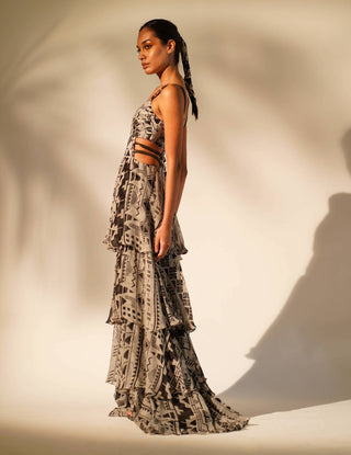 Nikita Mhaisalkar-White Base Aztec Print Tiered Maxi-INDIASPOPUP.COM