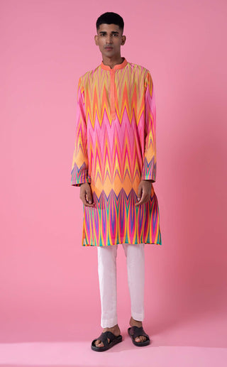 Siddhartha Bansal-Yellow Pink Chevron Printed Kurta Set-INDIASPOPUP.COM