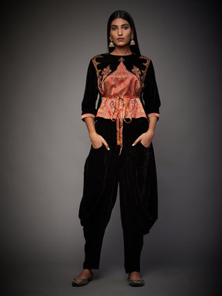 Ri.Ritu Kumar-Black & Burgundy Embroidered Top With Dhoti Pant-INDIASPOPUP.COM