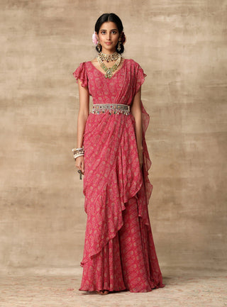 Ridhi Mehra-Berry Pink Saree Gown With Ruffle Drape & Belt-INDIASPOPUP.COM