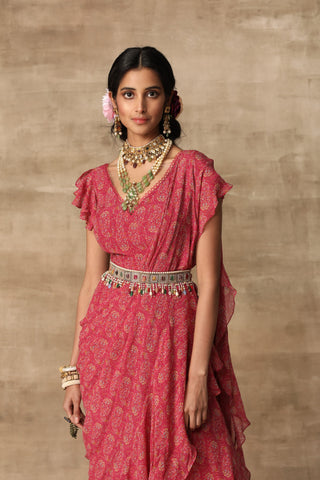 Ridhi Mehra-Berry Pink Saree Gown With Ruffle Drape & Belt-INDIASPOPUP.COM