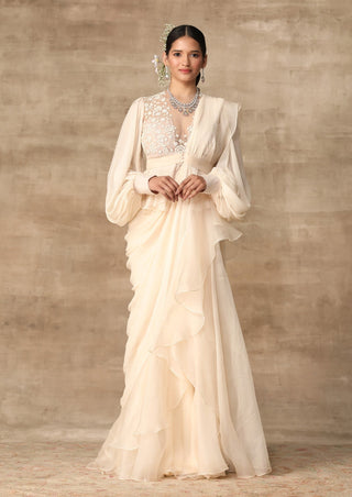 Ridhi Mehra-Ivory Peplum With Draped Ruffle Saree-INDIASPOPUP.COM