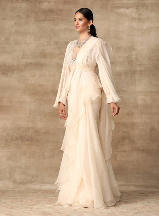 Ridhi Mehra-Ivory Peplum With Draped Ruffle Saree-INDIASPOPUP.COM