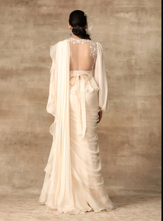 Ridhi Mehra-Ivory Peplum With Draped Ruffle Saree-INDIASPOPUP.COM
