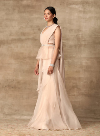 Ridhi Mehra-Dirty Ivory Pearl Blouse & Saree With Belt-INDIASPOPUP.COM