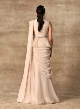 Ridhi Mehra-Dirty Ivory Pearl Blouse & Saree With Belt-INDIASPOPUP.COM