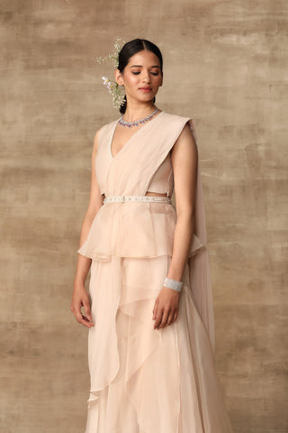 Ridhi Mehra-Dirty Ivory Pearl Blouse & Saree With Belt-INDIASPOPUP.COM