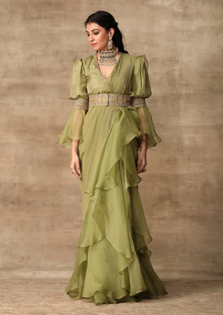 Ridhi Mehra-Apple Green Blouse With Attached Belt & Saree-INDIASPOPUP.COM