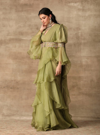 Ridhi Mehra-Apple Green Blouse With Attached Belt & Saree-INDIASPOPUP.COM