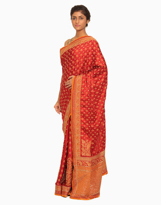 Ri.Ritu Kumar - Red & Saffron Saree With Unstitched Blouse - INDIASPOPUP.COM