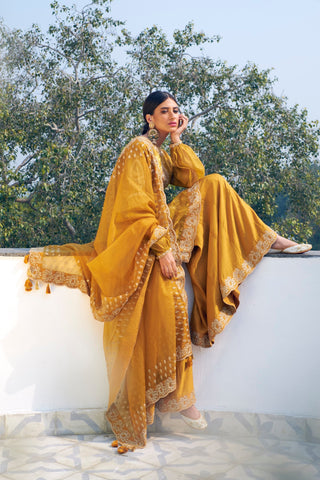 Rar Studio-Mustard Embroidered Sharara Set-INDIASPOPUP.COM