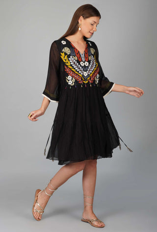 Devyani Mehrotra-Black Applique Yoke Tiered Dress-INDIASPOPUP.COM