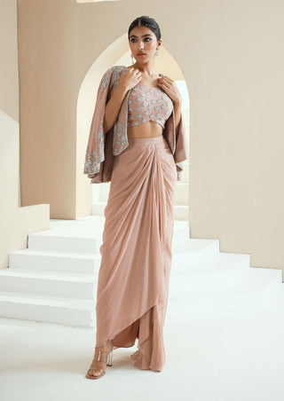 Champagne Embellished Cape With Top And Dhoti Skirt