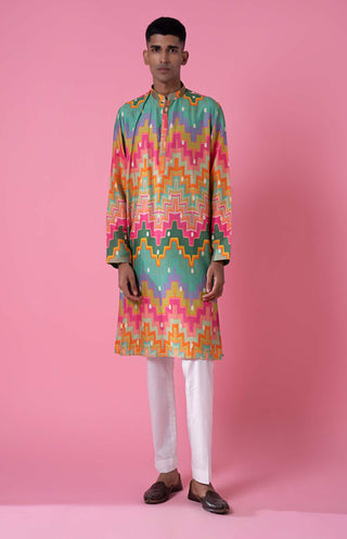 Siddhartha Bansal-Multicolor Chevron Kurta Bundi Set-INDIASPOPUP.COM