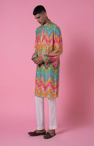 Siddhartha Bansal-Multicolor Chevron Kurta Bundi Set-INDIASPOPUP.COM