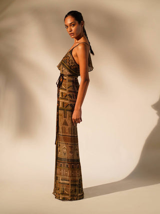 Nikita Mhaisalkar-Green Aztec Print Drape Dress-INDIASPOPUP.COM