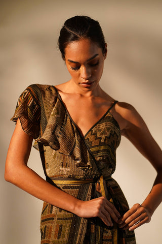 Nikita Mhaisalkar-Green Aztec Print Drape Dress-INDIASPOPUP.COM
