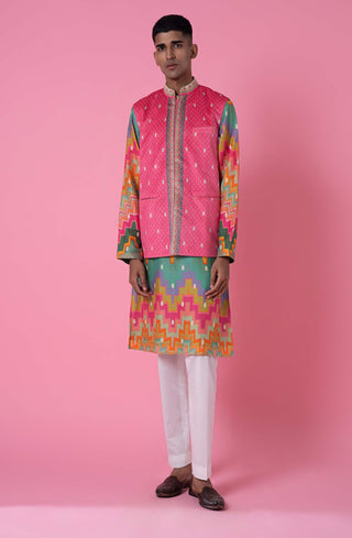 Siddhartha Bansal-Multicolor Chevron Kurta Bundi Set-INDIASPOPUP.COM